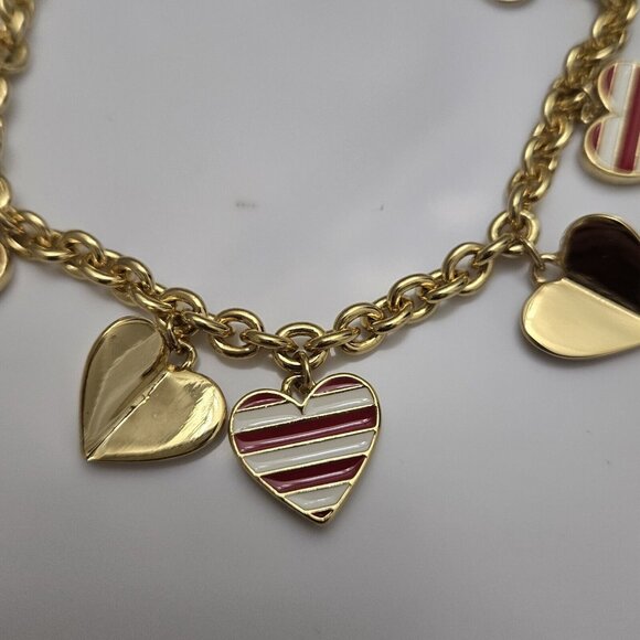Talbots Charm Bracelet Red Stripe Hearts Gold Tone Toggle Valentine's Day Cute - Picture 3 of 8